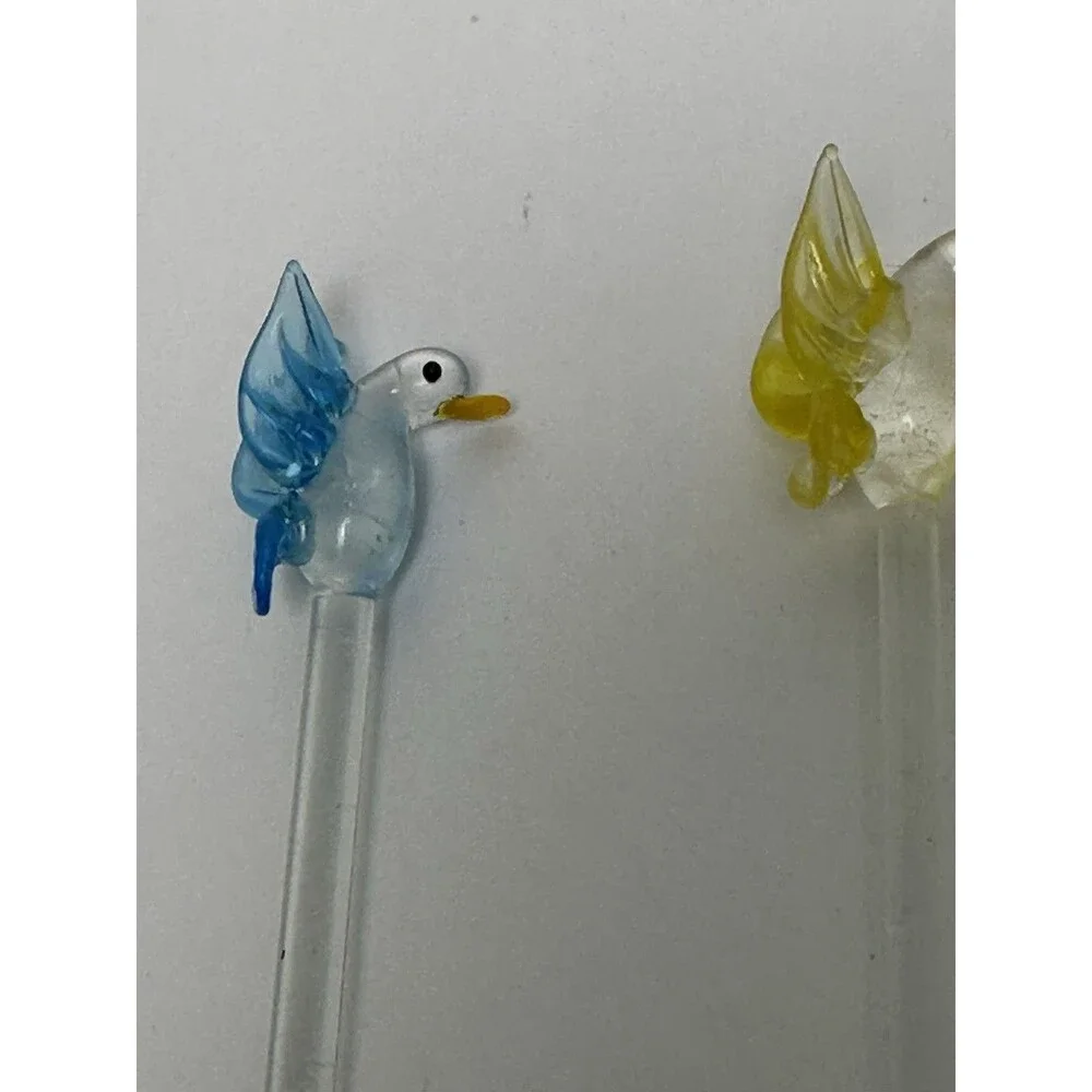 4 Vtg MCM Hand Blown Art Glass Bird Swizzle Stir Sticks Blue Green Yellow Purple